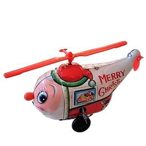 Vintage Wind Up Yuletide Santa Claus w/Reindeer Copter Made in Japan Works